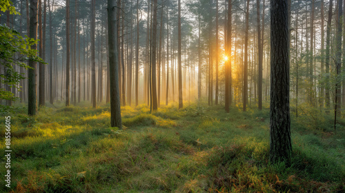 Early morning sunlight filters through the trees in a misty pine forest, illuminating the lush green undergrowth