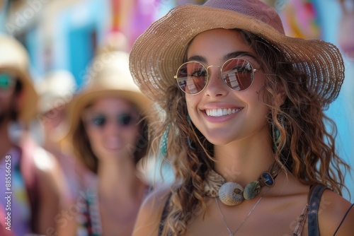 A smiling young woman wearing a hat and stylish sunglasses, posing outdoors, radiating happiness and an enthusiastic spirit, surrounded by a vibrant, bustling environment. © Nena Ai
