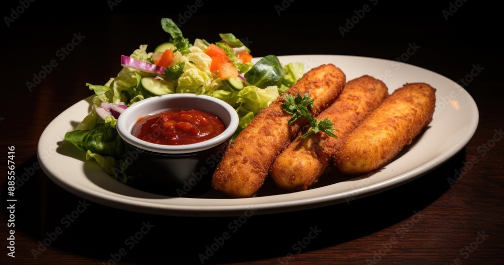 Crispy Mozzarella Sticks Served with Fresh Garden Salad on Platter Crispy Mozzarella Sticks Served with Fresh Garden Salad on Platter