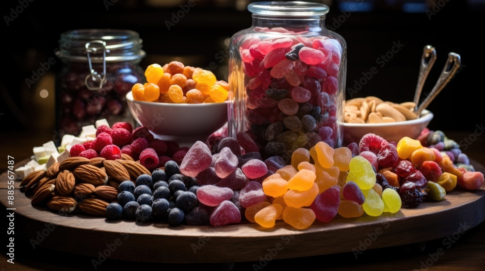 Sweet Candy Delights Meet Nutty Goodness - Tempting Confectionery and Healthy Snacks Displayed Together Sweet Candy Delights Meet Nutty Goodness - Tempting Confectionery and Healthy Snacks Displayed Together