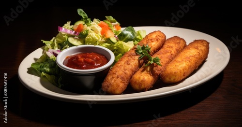 Crispy Mozzarella Sticks Served with Fresh Garden Salad on Platter