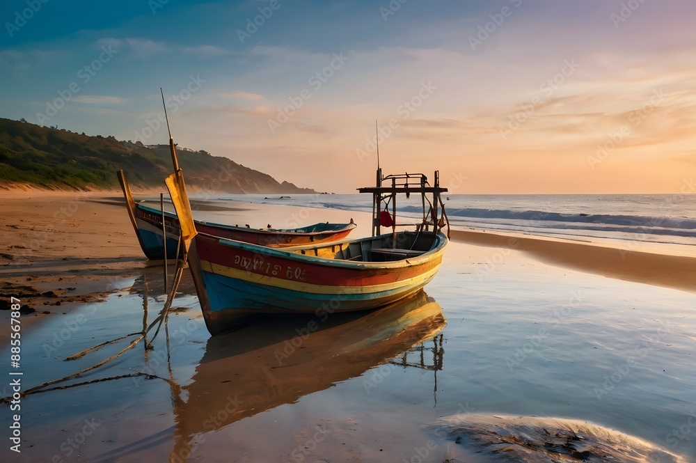 Two Small Fishing Boats On The Beach At Sunset Background Generative using Ai Two Small Fishing Boats On The Beach At Sunset Background Generative using Ai