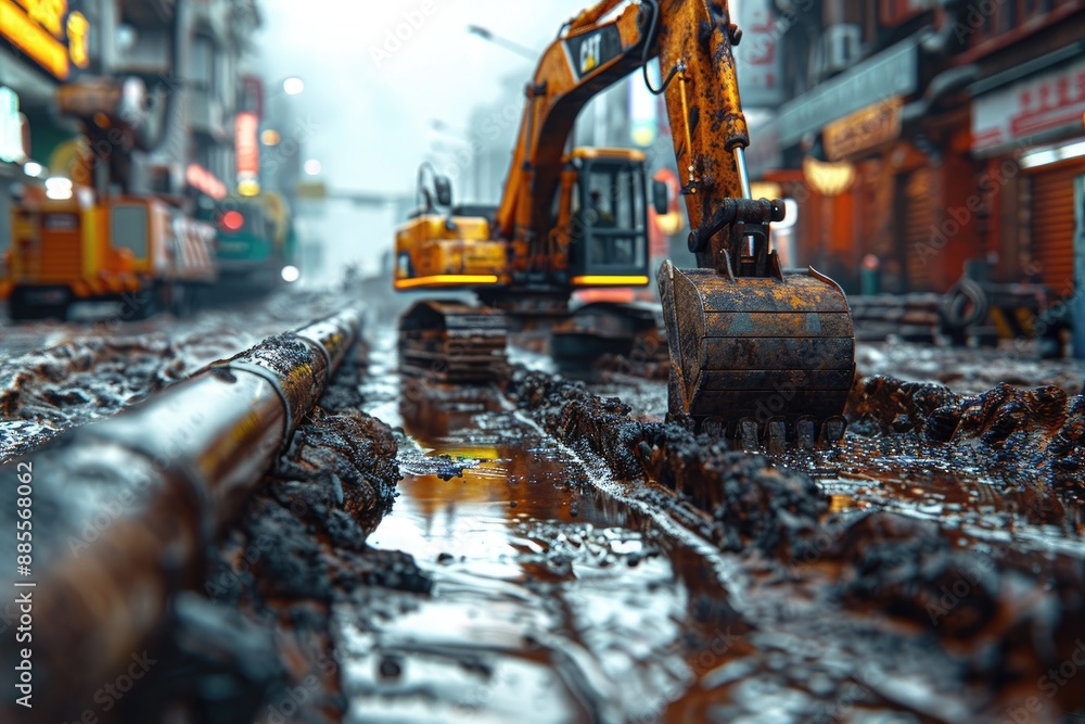 Heavy machinery digging a trench for an underground utility installation. Heavy machinery digging a trench for an underground utility installation.