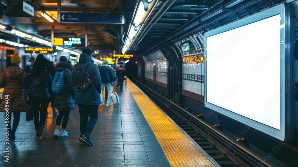 Fototapeta premium A bustling train station platform during rush hour features a vertical blank white screen billboard mock-up. full ultra HD, high resolution.
