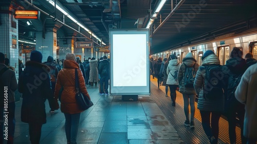 A bustling train station platform during rush hour features a vertical blank white screen billboard mock-up with resolution in full ultra HD quality.