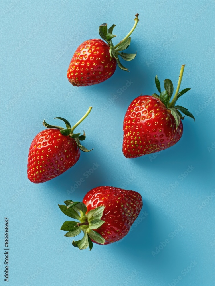 Three fresh strawberries arranged on a bright blue background Three fresh strawberries arranged on a bright blue background