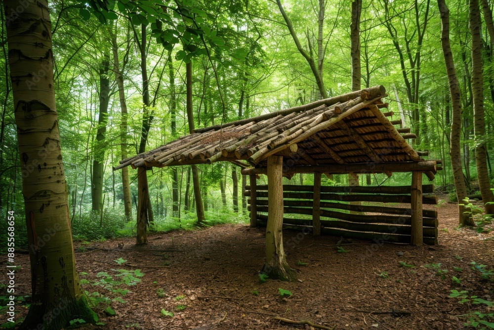 A partially completed lean-to made from large tree branches and foliage, with a forest background A partially completed lean-to made from large tree branches and foliage, with a forest background