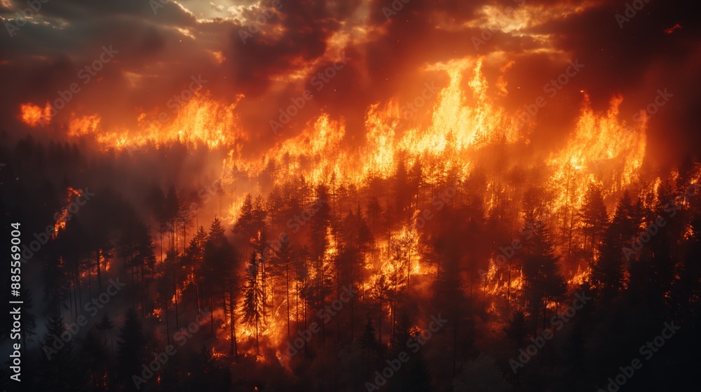 A raging forest fire engulfing trees and wildlife A raging forest fire engulfing trees and wildlife