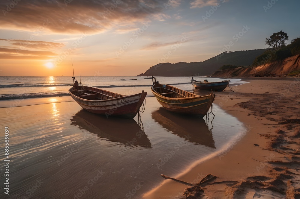 Fototapeta premium Two Small Fishing Boats On The Beach At Sunset Background Generative using Ai 