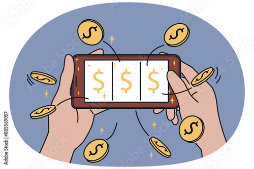Mobile phone with online casino in hands of man, winning jackpot and big cash prize on website with slot machine. Gambling in smartphone with financial lottery or casino to test luck.