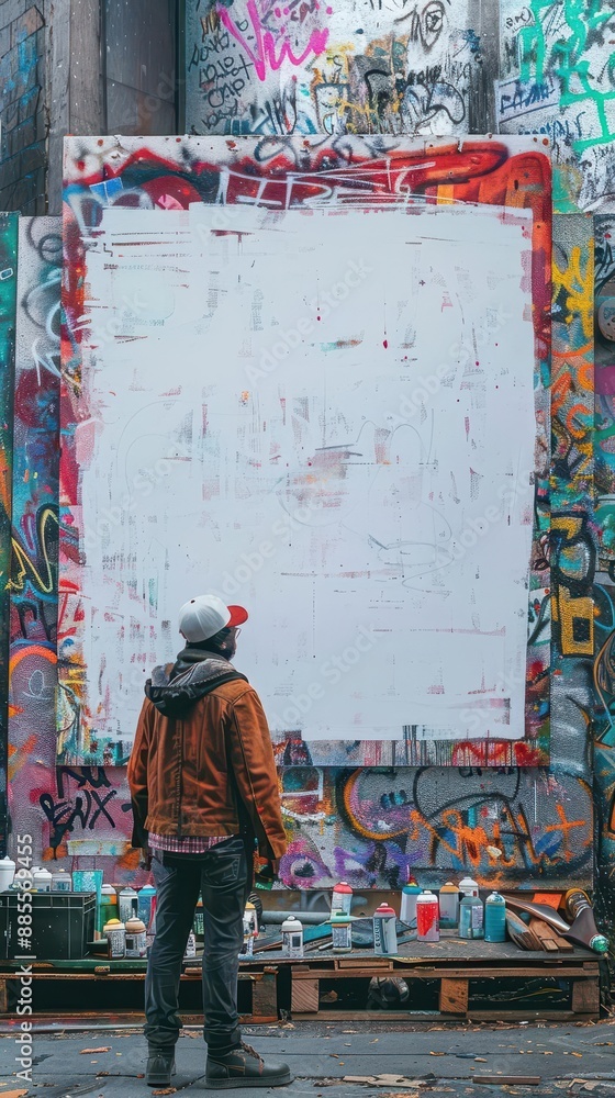 Fototapeta premium A lively urban street artist at work with a vertical blank white screen billboard mock-up. full ultra HD, high resolution