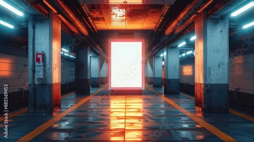 A modern subway entrance in a metropolitan area with a vertical blank white screen billboard mock-up. full ultra HD, high resolution