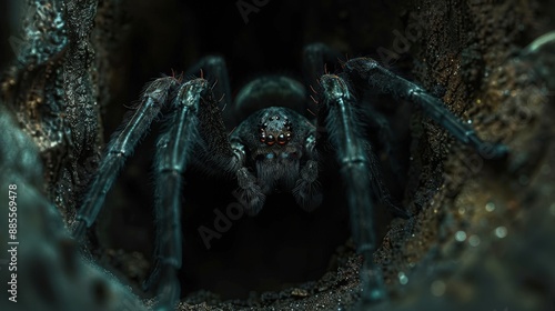 A large, menacing spider emerges from a dark cave, its eight eyes glowing ominously.