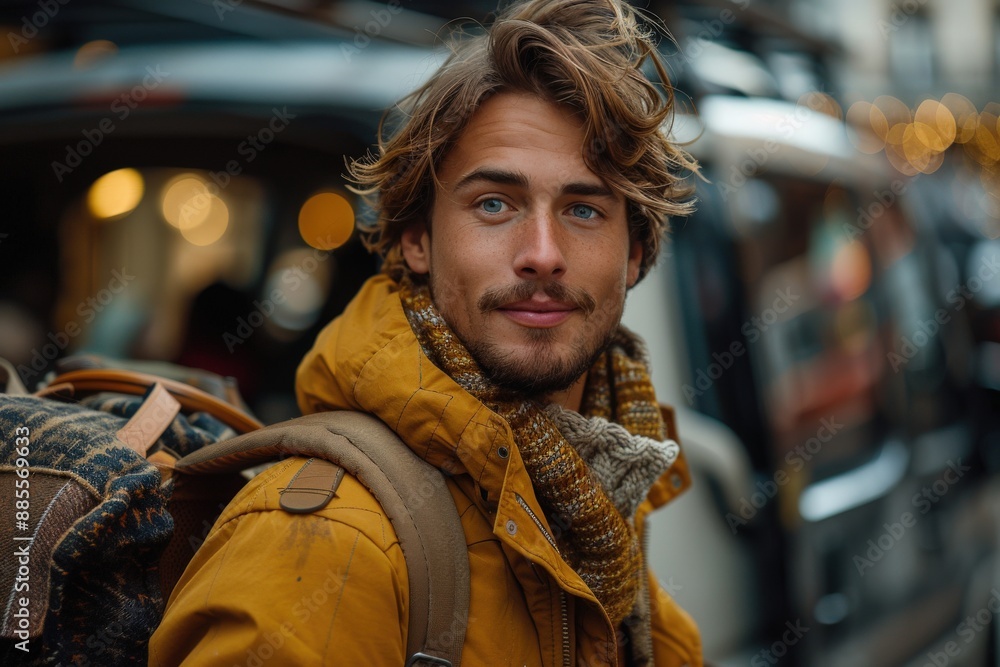 A young man with a backpack and yellow jacket stands outdoors, looking confident and ready for adventure, displaying a bright smile and rugged look. A young man with a backpack and yellow jacket stands outdoors, looking confident and ready for adventure, displaying a bright smile and rugged look.