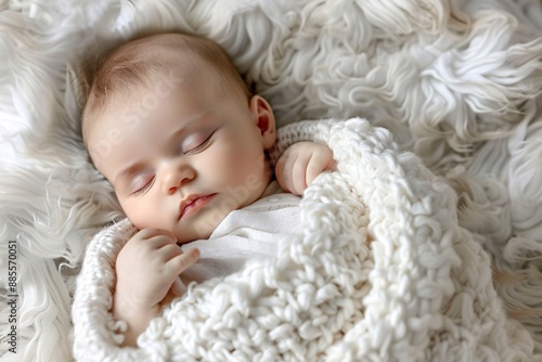 A serene image of a newborn baby peacefully sleeping, wrapped in a soft white blanket