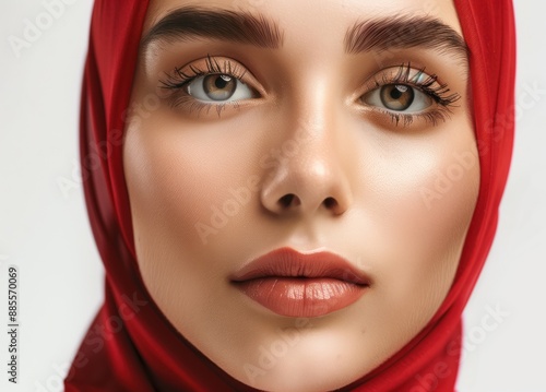 Woman wears red headscarf with green eyes. Close-up of Arabic woman face. Beauty studio promo with lip augmentation. White background highlights subject. Lip injection treatment in beauty center.