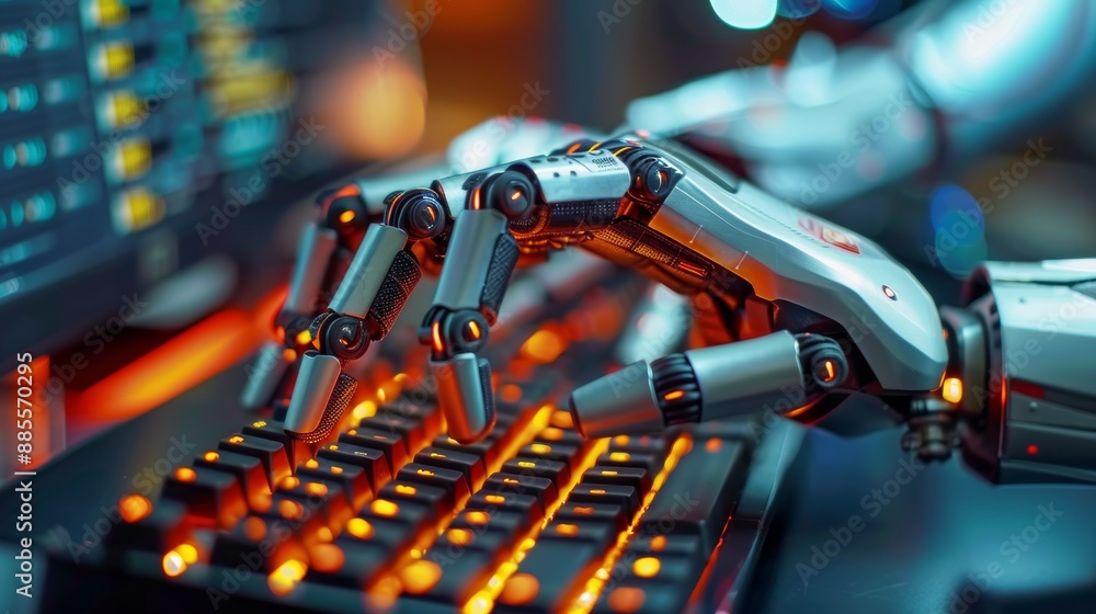 Robot hand typing on the computer. The concept of artificial intelligence replacing a human in dealing with another human Robot hand typing on the computer. The concept of artificial intelligence replacing a human in dealing with another human