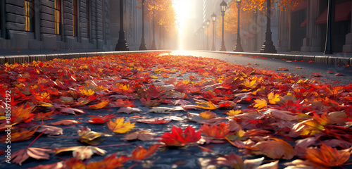 A city road blanketed with fallen leaves, showcasing a serene autumn scene. The leaves, in shades of red, orange, and yellow, carpet the pavement, creating a picturesque contrast against the urban bac photo