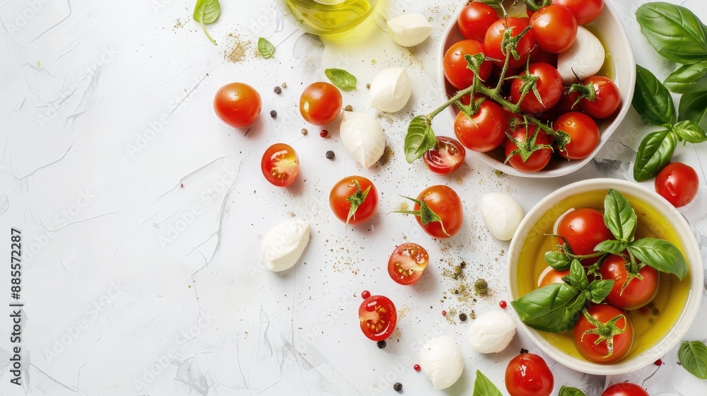 Italian caprese salad with cherry tomatoes mozzarella basil and olive oil Organic natural food on light background with copy space Italian caprese salad with cherry tomatoes mozzarella basil and olive oil Organic natural food on light background with copy space