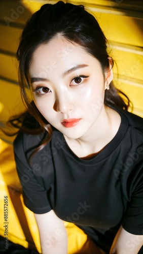 Portrait of a young Asian woman with long dark hair wearing a black tshirt looking at the camera with a serious expression on her face photo