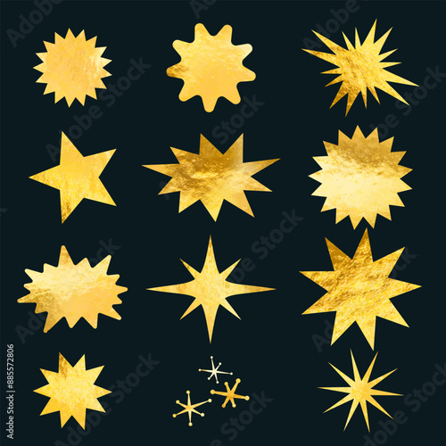 Shiny gold texture foil set. Golden vector stars, sunburst symbols. Vintage sunbeam symbols. Shopping labels, sale or discount sticker, quality mark, promotional badge. Special offer price tag.