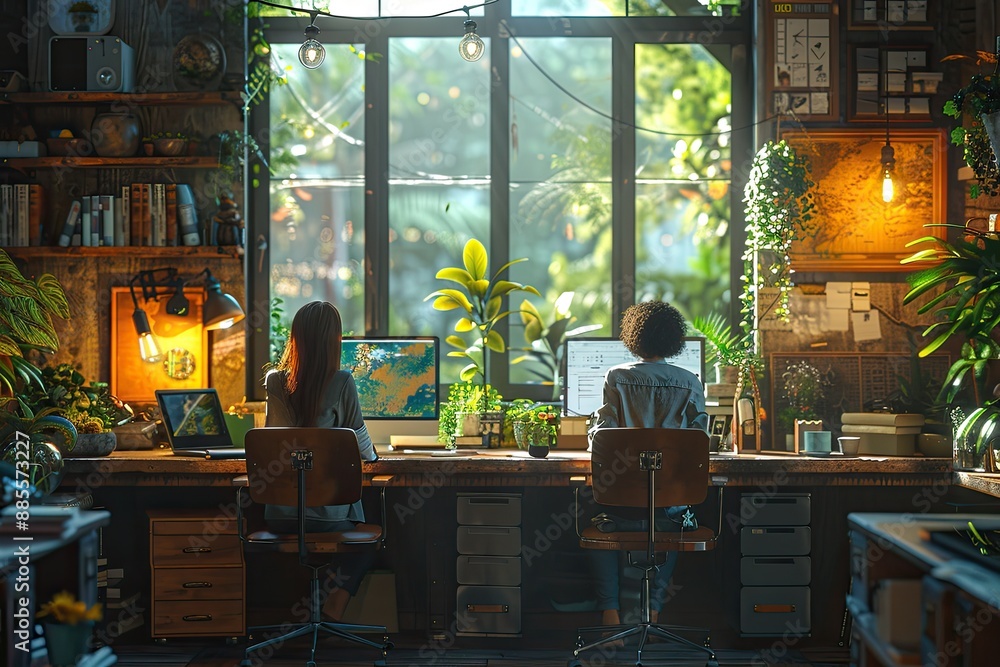 Interior designers setting up furniture and decor