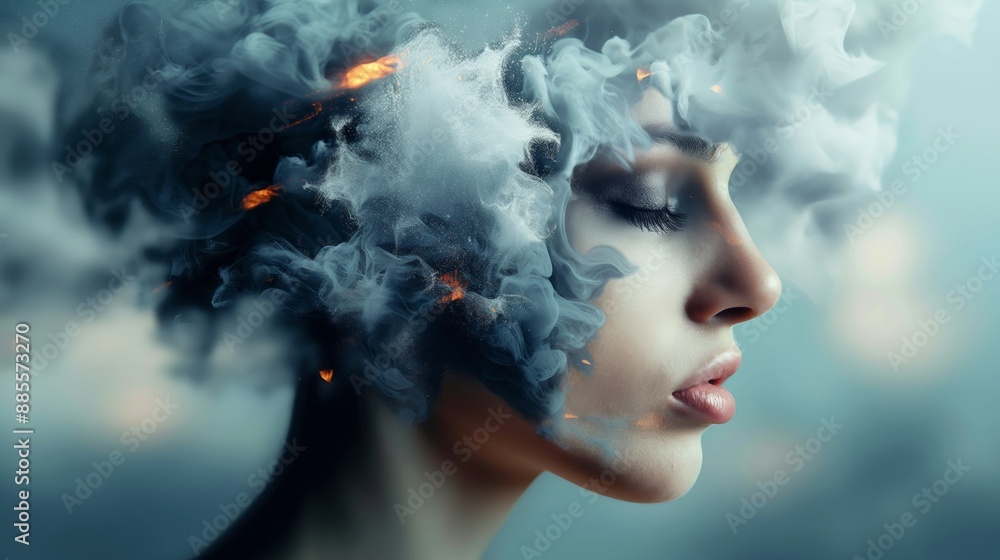 Surreal portrait of a woman with smoke engulfing her head, symbolizing a dreamy and imaginative state. Conceptual art blending fantasy and reality. Surreal portrait of a woman with smoke engulfing her head, symbolizing a dreamy and imaginative state. Conceptual art blending fantasy and reality.