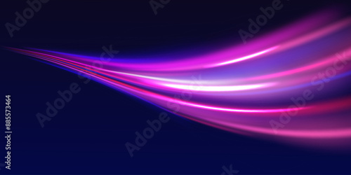Light motion trails. High speed effect motion blur night lights in blue and red colors, abstract flash perspective road glow streaks long time exposure vector set on transparent background