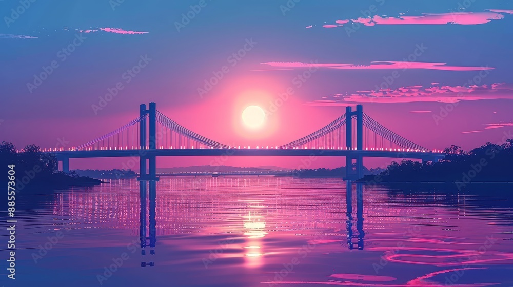 Obraz premium Bridge Sunset - A large bridge spans a river at sunset, the water reflects the vibrant pink and purple colors of the sky, creating a serene and peaceful atmosphere.