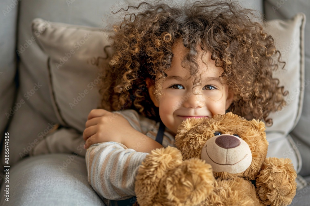 Image of a child with curly hair hugging a stuffed teddy bear indoors Image of a child with curly hair hugging a stuffed teddy bear indoors