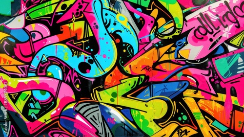 Wallpaper Mural Vibrant graffiti mural with pink, yellow, green, and blue colors on a brick wall. Torontodigital.ca