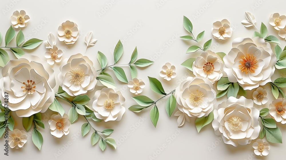 Paper cut flowers and leaves Fresh spring nature background. Floral banner poster flyer template with copy space. Paper cut flowers and leaves Fresh spring nature background. Floral banner poster flyer template with copy space.