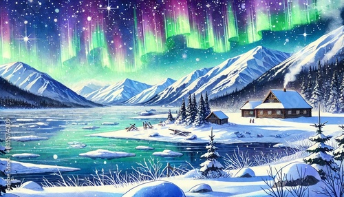 A winter landscape in Yukon, Cananda with northern lights, snow mountains and tranquil frozen lake.jpeg