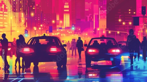 Neon Cityscape at Night - A vibrant illustration of a neon-lit cityscape at night, featuring cars, pedestrians, and towering buildings. The dynamic energy of the urban scene is highlighted by the brig photo