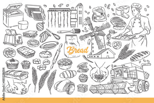 Production and consumption of bread from wheat and grain, for decorating bakery. Agricultural combine collecting spikelets from field and mill producing flour for baking bread. Hand drawn doodle