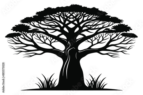 Black tree silhouette vector art with sketched branches and roots depicting seasonal nature