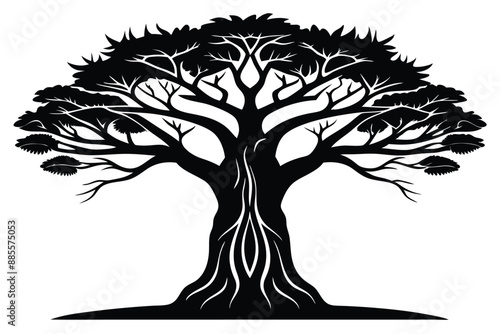 Black tree silhouette vector art displays nature's branch and leaf design