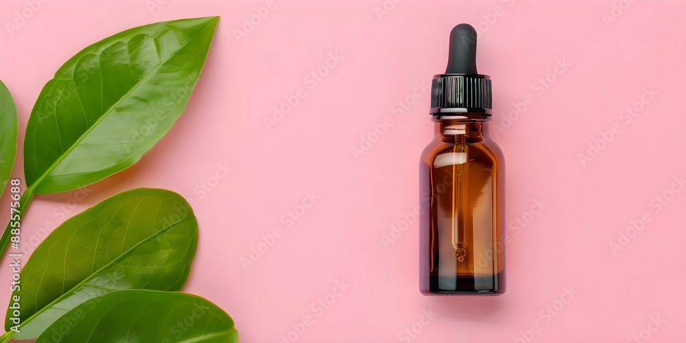 Niacinamide Serum in Amber Bottle with Green Leaves on Pink Background. Concept Skincare Product, Amber Bottle, Niacinamide Serum, Green Leaves, Pink Background Niacinamide Serum in Amber Bottle with Green Leaves on Pink Background. Concept Skincare Product, Amber Bottle, Niacinamide Serum, Green Leaves, Pink Background