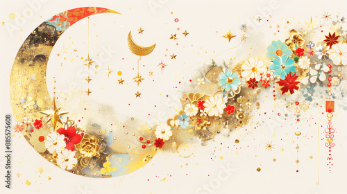 abstract ethereal moon background with warm golden glittering stars, decorated with various flowers, a dreamy appearance of crescent moon in the sky, a magical and festive mood for a holiday theme photo