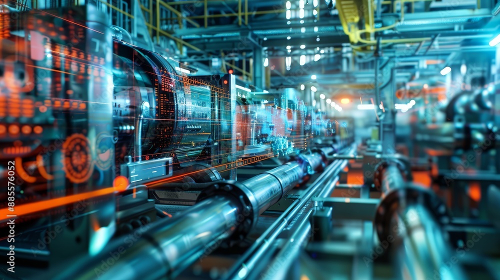 Industrial Automation and Digitalization - A futuristic image depicting an automated factory with machinery and robotic arms interacting with digital interfaces and data streams. It symbolizes the int Industrial Automation and Digitalization - A futuristic image depicting an automated factory with machinery and robotic arms interacting with digital interfaces and data streams. It symbolizes the int