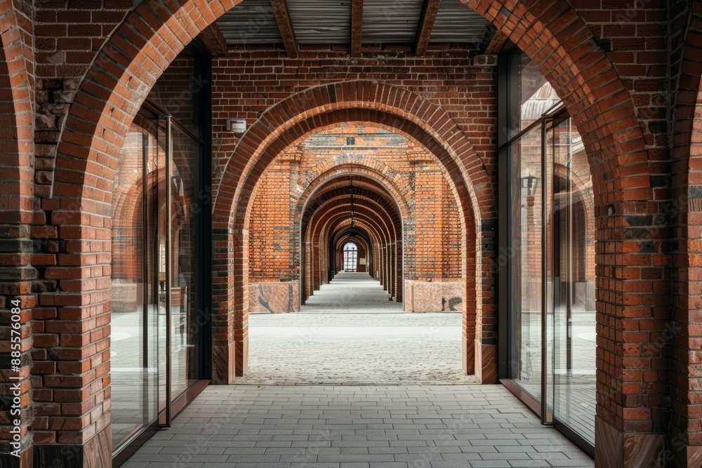 Brick arches with glass inlays, focus on, historic meets modern concept, ethereal, overlay, restored building backdrop Brick arches with glass inlays, focus on, historic meets modern concept, ethereal, overlay, restored building backdrop