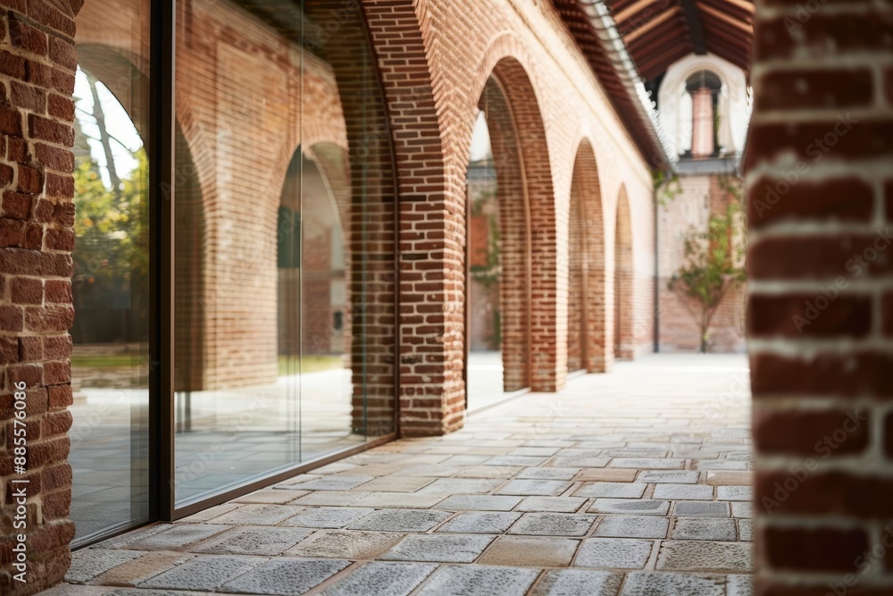 Brick arches with glass inlays, focus on, historic meets modern concept, ethereal, overlay, restored building backdrop Brick arches with glass inlays, focus on, historic meets modern concept, ethereal, overlay, restored building backdrop