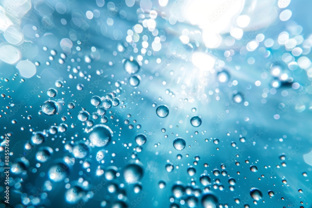Shimmering underwater bubbles rising towards light in blue ocean Shimmering underwater bubbles rising towards light in blue ocean