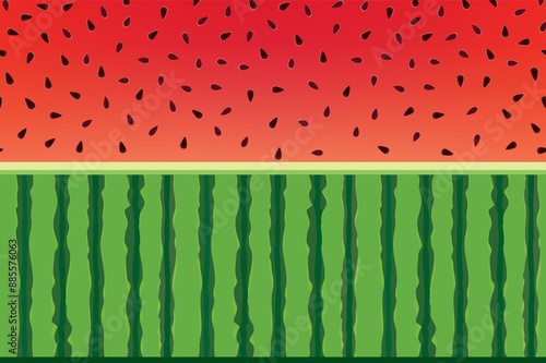 Tropical fruit floral border. Summer holiday resort decor. Watermelon juicy drink texture. Palm leaves seamless pattern.