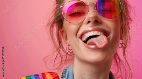 A close-up shot of a woman with a tongue sticking out, likely expressing frustration or annoyance photo