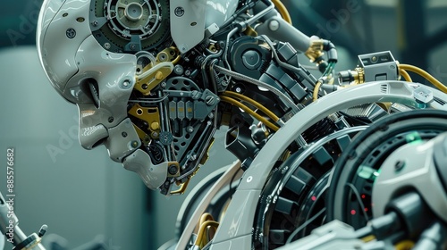 A detailed view of a humanoid machine's internal mechanisms, illustrating its complex operation, device functionality, and advanced mechanical engineering © Khritthithat