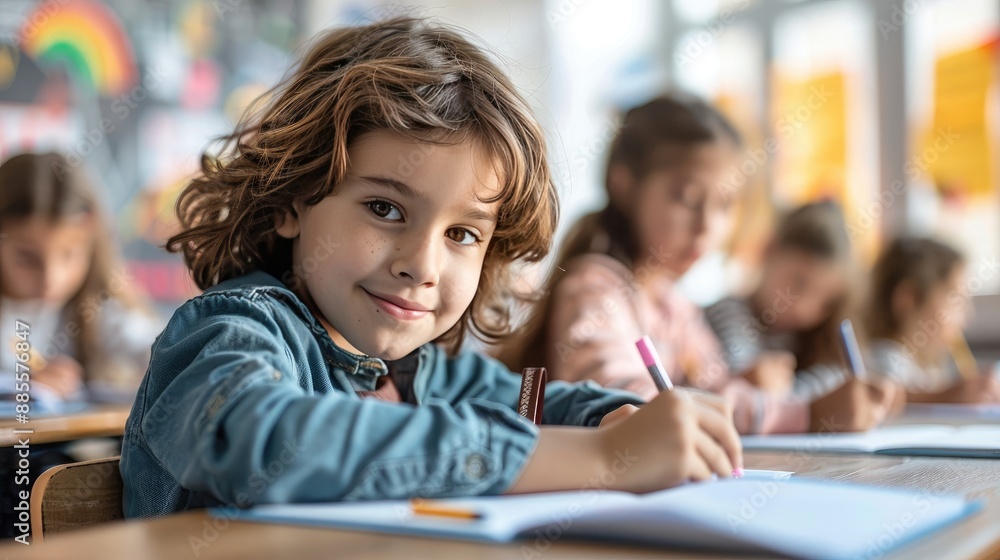 Group of children attentively writing at their desks in a bright, cheerful classroom, with a caring teacher assisting a focused boy during his test Group of children attentively writing at their desks in a bright, cheerful classroom, with a caring teacher assisting a focused boy during his test