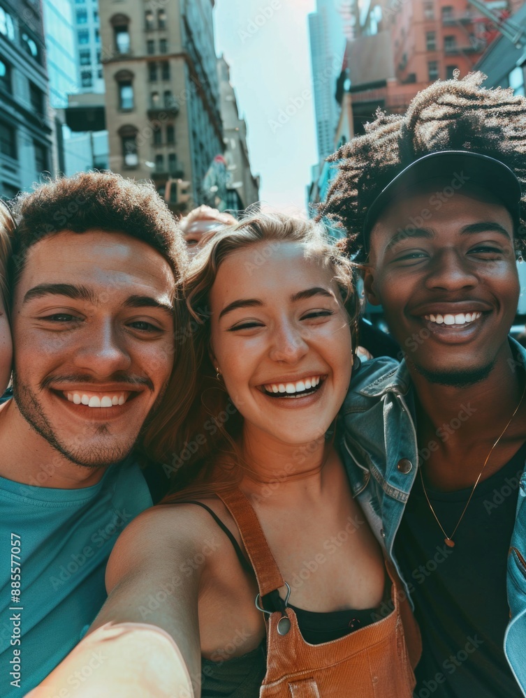 Group of friends taking a selfie in a urban setting Group of friends taking a selfie in a urban setting