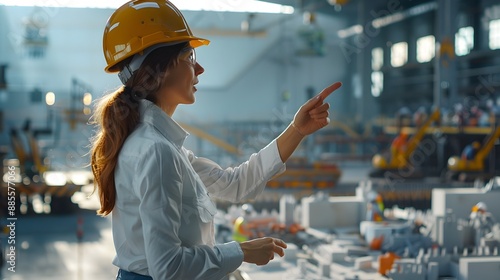 Female project manager directing construction crew gesturing towards site model