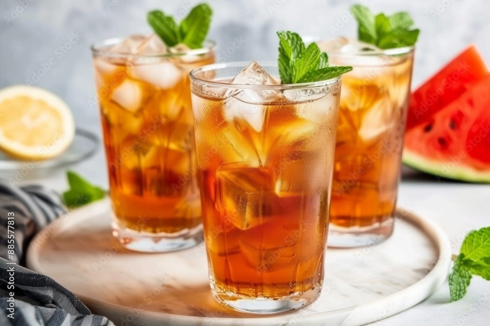 Refreshing iced tea with mint and lemon on a summer day Refreshing iced tea with mint and lemon on a summer day